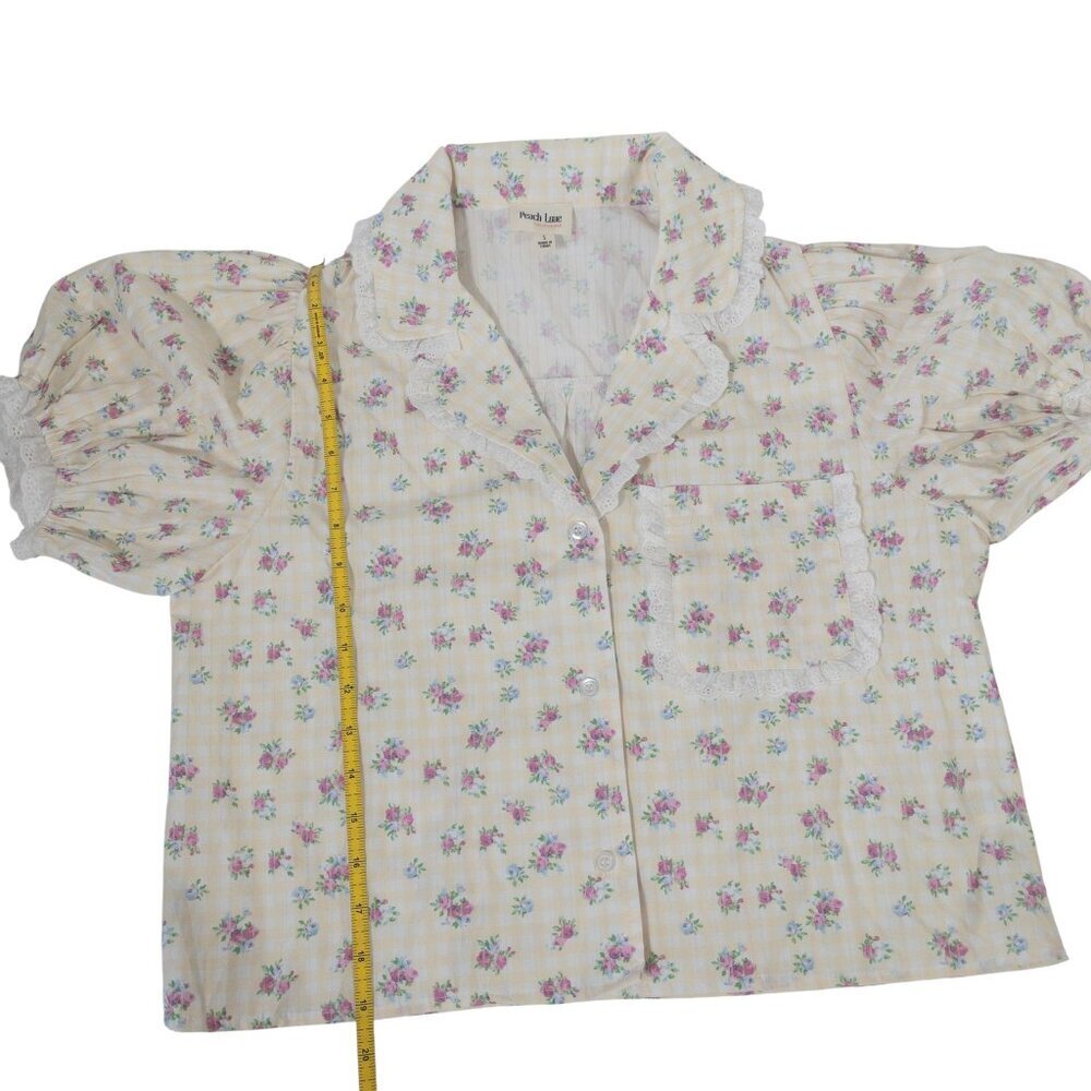 Cottage Core Peach Love Yellow and White Gingham Floral Top SZ S Puff Sleeve - Picture 11 of 13